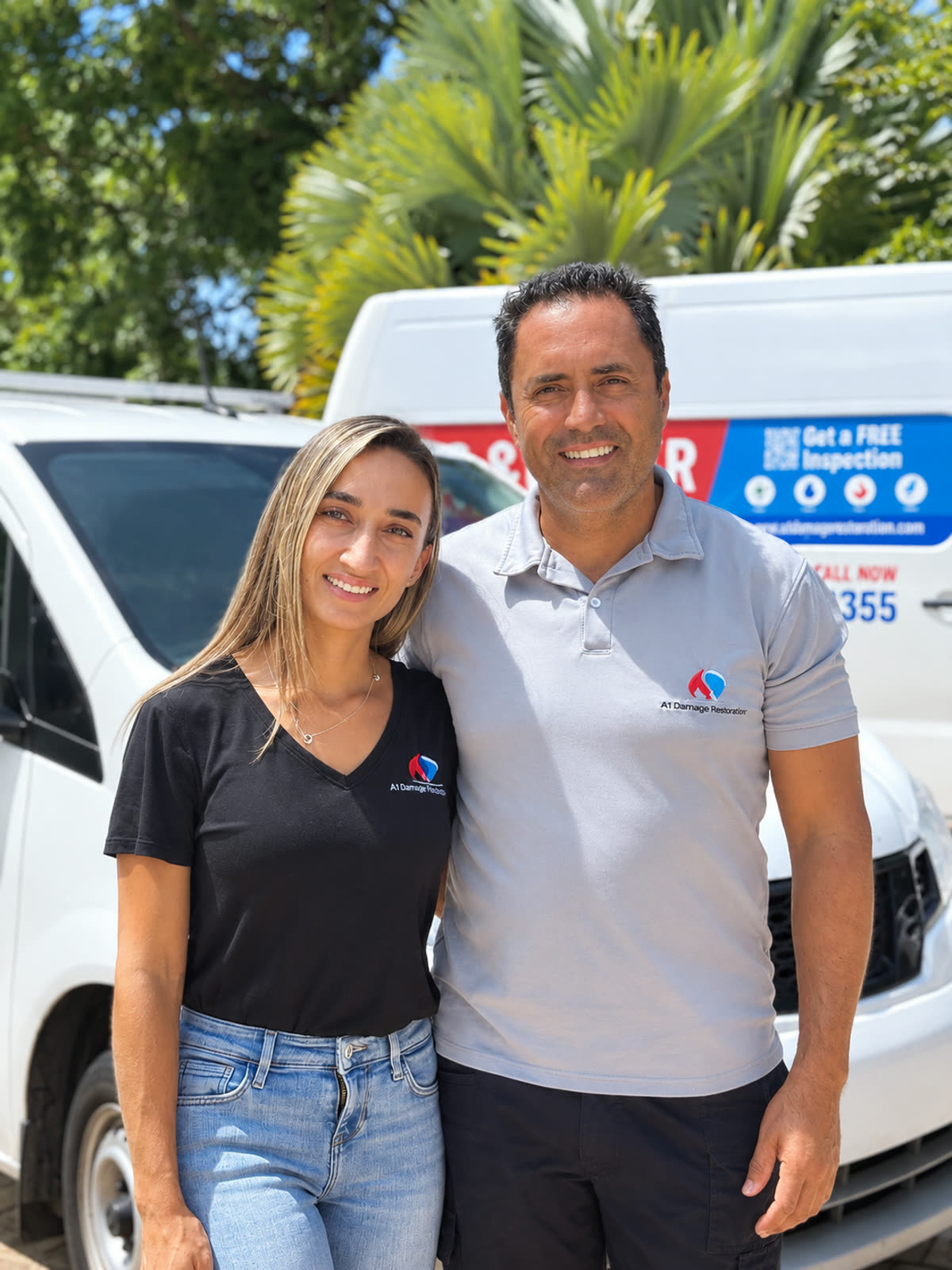 Andrés Villegas and Manuela Garcia, owners of All Damage Restoration, standing in front of a company van