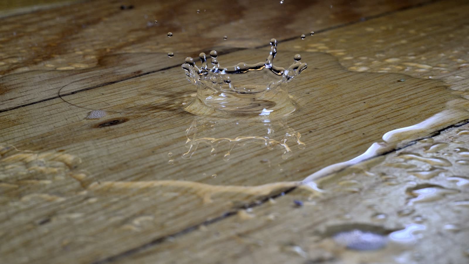 Water splashing and pooling on a hardwood floor